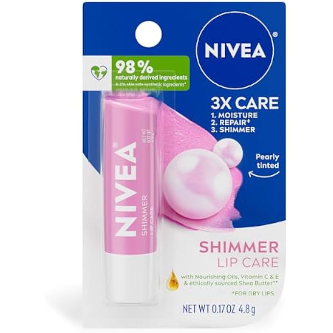 Nivea SHIMMER LIP CARE, SHIMMER LIP BALM WITH SHEA BUTTER, NOURISHING OILS AND VITAMIN C & E, 3-IN-1 MOISTURE, REPAIR (FOR DRY LIPS) AND SHIMMER, 0.17 OZ STICK - Image 1